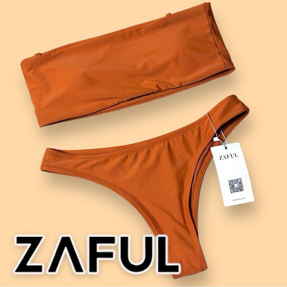 NWT Zaful Bandeau Top Cheeky Bottom Bikini in Copper. Size Medium 👙☀️👙